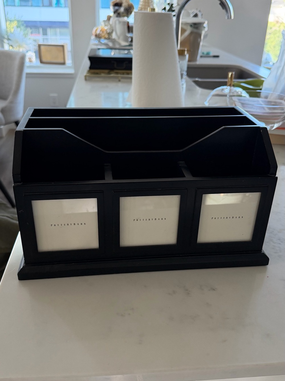 Pottery Barn Black Wooden Mail Organizer with Triple Front Panels